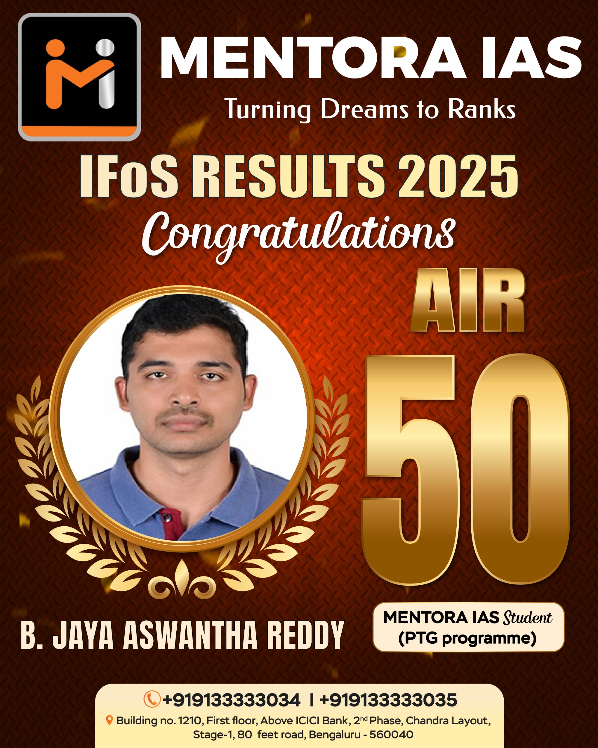 B. Jaya Aswantha Reddy — AIR 50, IFoS 2025